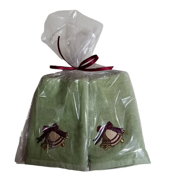Set of 2 Holiday Washcloths Sage Green Christmas Bells Rustic Lodge Cabin 12" - Picture 1 of 9